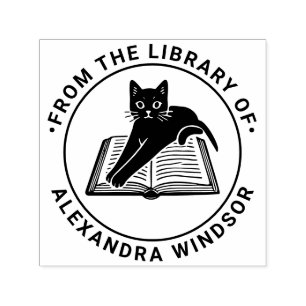 Cat Lying on open Book - Library Book Name Self-inking Stamp