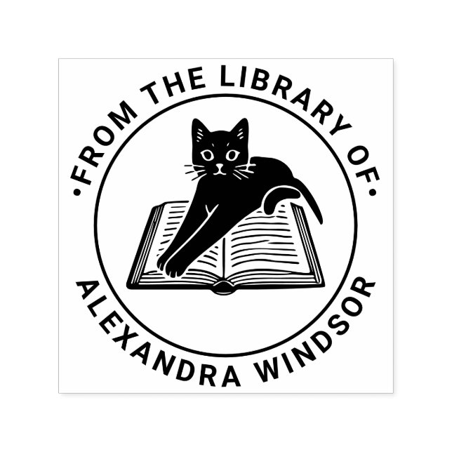 Cat Lying on open Book - Library Book Name Self-inking Stamp (Design)