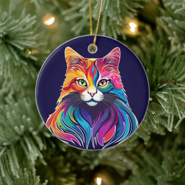 Cat Maine Coon Portrait Rainbow Colours  Ceramic Ornament (Tree)