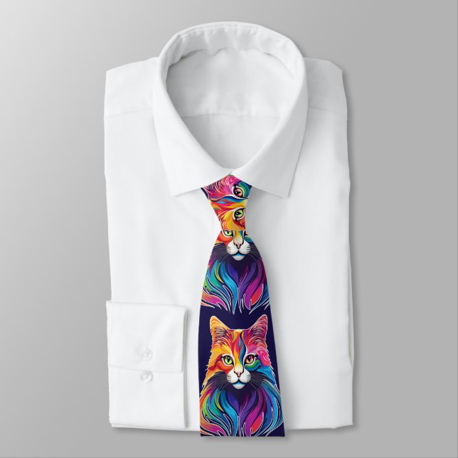 Cat Maine Coon Portrait Rainbow Colours  Tie (Tied)