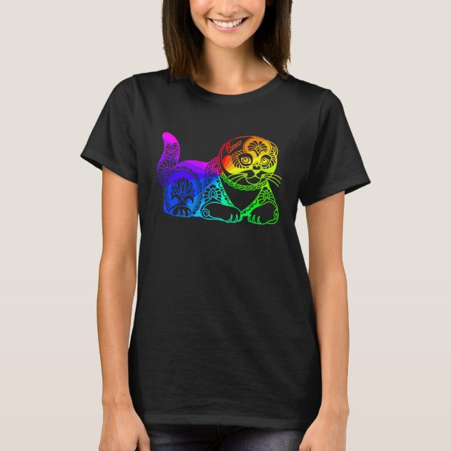 Cat Mandala Rainbow Kitty Geometric Yoga Meditatio T-Shirt (Front)