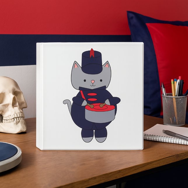 Cat Marching Band Drummer Navy Blue Red Binder (A binder featuring a cat playing the snare drum in a navy blue & red marching band uniform.)