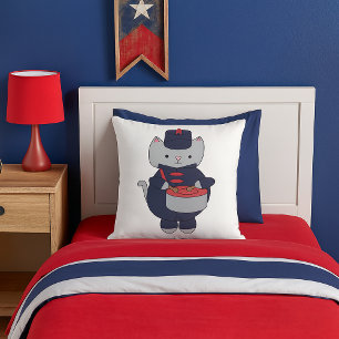 Cat Marching Band Drummer Navy Blue Red Throw Pillow