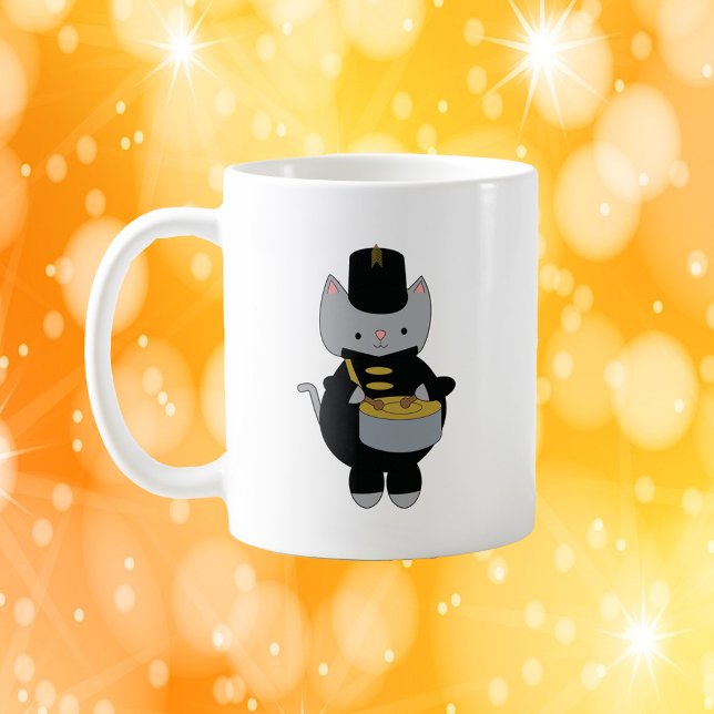 Cat Marching Band Snare Drum Black Gold Coffee Mug (A mug featuring a cat playing the snare drum in a black & gold marching band uniform.)