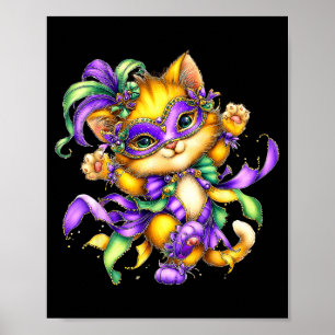 Cat Mardi Gras Nola Mask Beads Cute Kids Boys Girl Poster