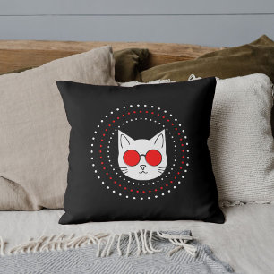 Cat Mascot Sun Glasses Funny Cool Cute Red Black Throw Pillow