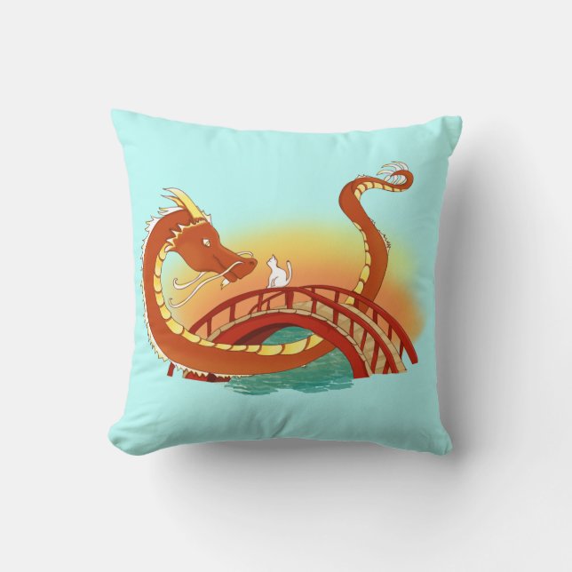Cat Meets Red Dragon Throw Pillow (Front)
