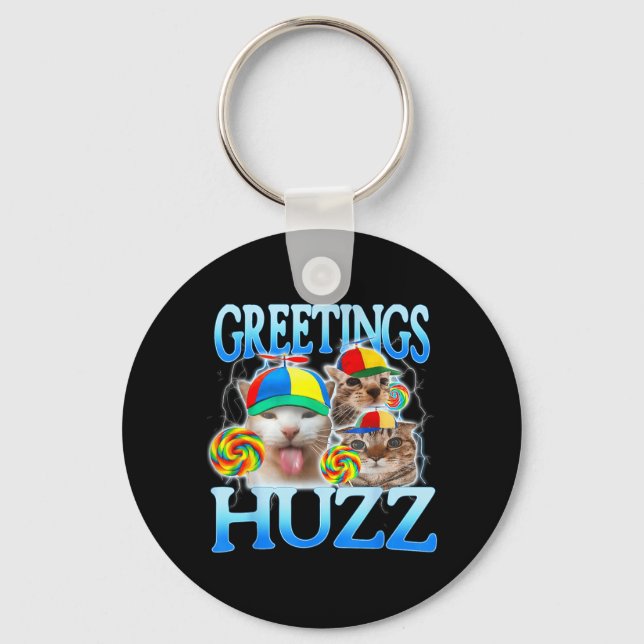 Cat Meme Greetings Huzz Funny Silly Cats Lover Keychain (Front)