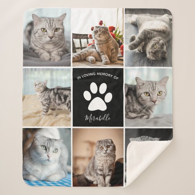 Cat Memorial Custom Pet Photo Collage Paw Print Sherpa Blanket (Front)
