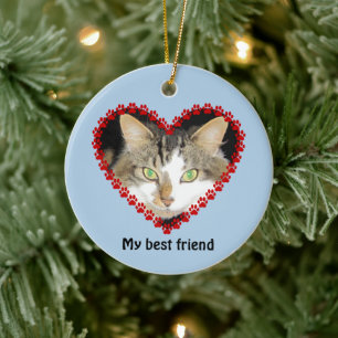 Cat memory paw prints name photo ceramic ornament