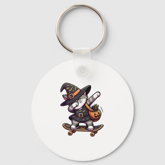 Cat Meow Debbing On Skateboad Apparel Kids Hallowe Keychain (Front)