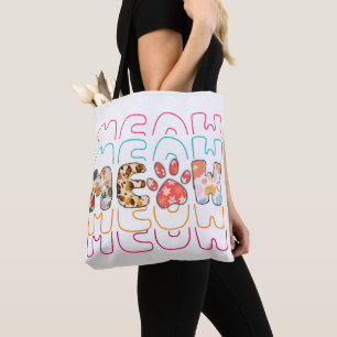 CAT MEOW IN VARIOUS PRINTS AND FONTS TOTE BAG