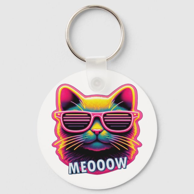 Cat Meow with sunglasses T-Shirt Keychain (Front)