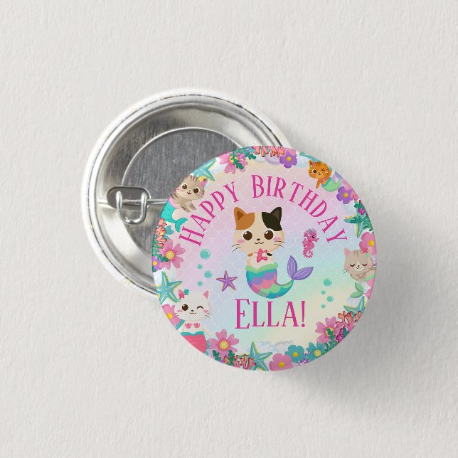 Cat Meowmaid Mermaid Girl Birthday Party  1 Inch Round Button (Front & Back)