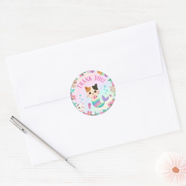 Cat Meowmaid Mermaid Girl Birthday Party  Classic Round Sticker (Envelope)