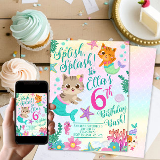 Cat Meowmaid Mermaid Girl Birthday Party  Invitation