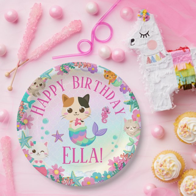 Cat Meowmaid Mermaid Girl Birthday Party  Paper Plate (Party)