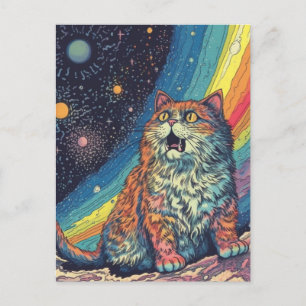 Cat Meows in space With Rainbow Postcard