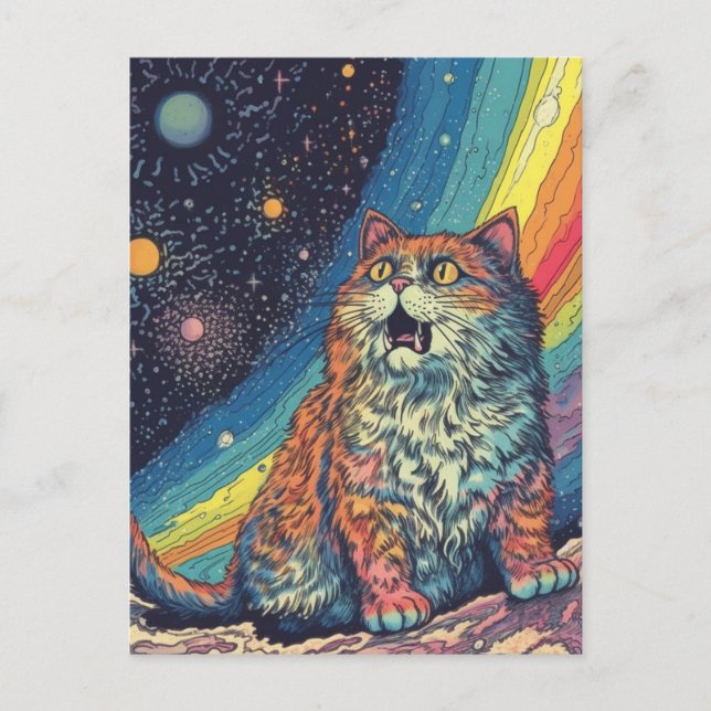 Cat Meows in space With Rainbow Postcard (Front)