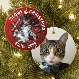 Cat "Meowy Christmas" 2-Sided 2-Photo Red Ceramic Ornament