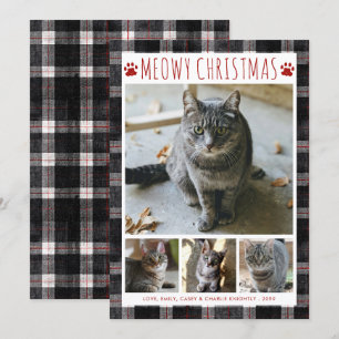 Cat MEOWY CHRISTMAS 4 Photo Collage Plaid Holiday Card