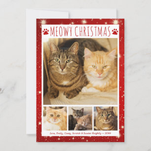 Cat MEOWY CHRISTMAS 4 Photos Red Pawprints Holiday Card