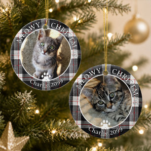 Cat Meowy Christmas Photo Plaid Ceramic Ornament