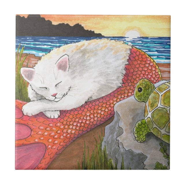 Cat Mermaid 26 Merkitty on beach with turtle Tile (Front)