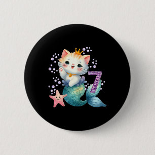 Cat Mermaid 7th Birthday 7 Year Old Party Girls Ou 2 Inch Round Button