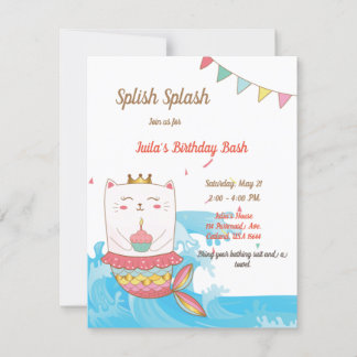 Cat mermaid birthday party invitations
