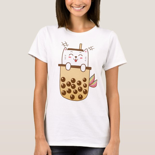 Cat Mermaid Boba Milk Tea T-Shirt (Front)