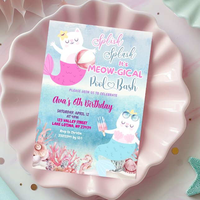 Cat Mermaid Pool Party Birthday Invitation (Creator Uploaded)