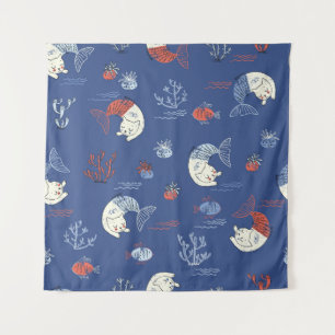 Cat mermaid, textured seamless pattern. tapestry