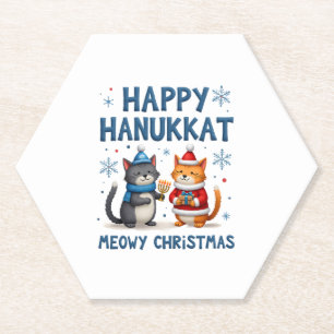 Cat Merry Christmas Happy Hanukkah Jewish Christia Paper Coaster