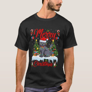 Cat Merry Christmas Tree Lighting Russian Blue Cat T-Shirt