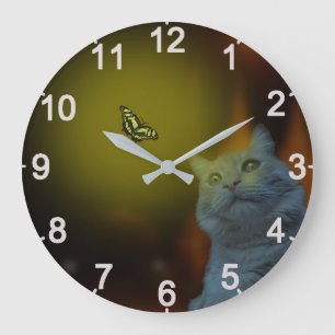 Cat Mesmerised By Butterfly, Large Wall Clock