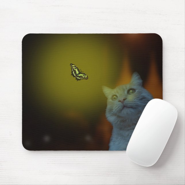 Cat Mesmerised By Butterfly, Mousepad (With Mouse)