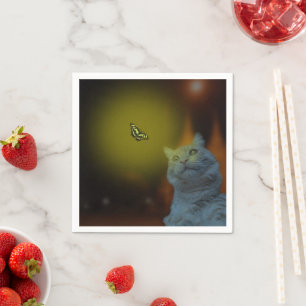 Cat Mesmerised By Butterfly, Paper Napkins