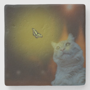 Cat Mesmerised By Butterfly, Stone Coaster