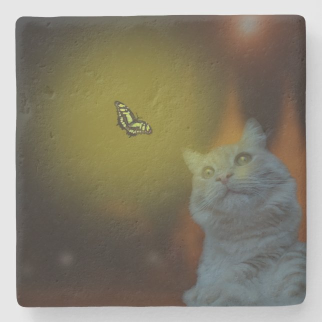 Cat Mesmerized By Butterfly, Stone Coaster (Front)