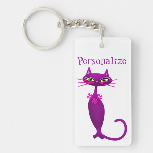 Cat mid century cute girly purple pink  keychain (Front)