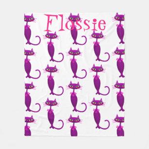 Cat mid century cute girly purple pink white fleece blanket