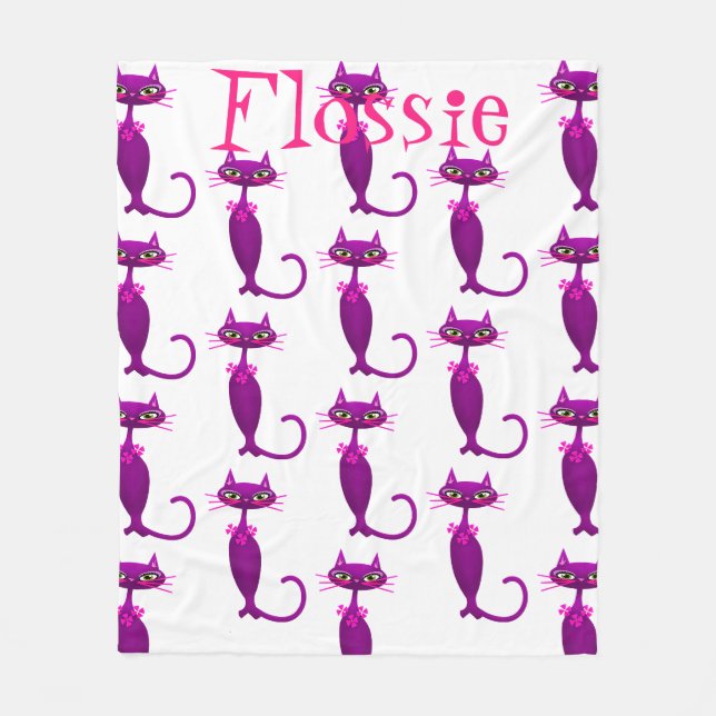 Cat mid century cute girly purple pink white fleece blanket (Front)