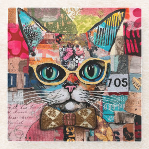 Cat Mixed Mixed Paper Collage Glass Coaster