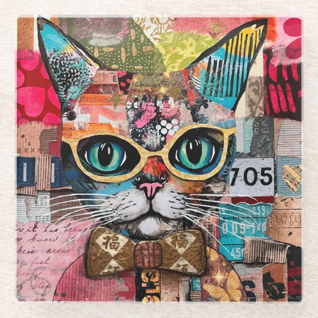 Cat Mixed Mixed Paper Collage  Glass Coaster (Front)
