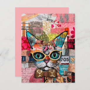 Cat Mixed Mixed Paper Collage Greeting Card