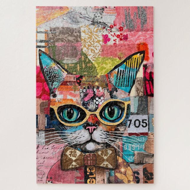 Cat Mixed Mixed Paper Collage Jigsaw Puzzle (Vertical)
