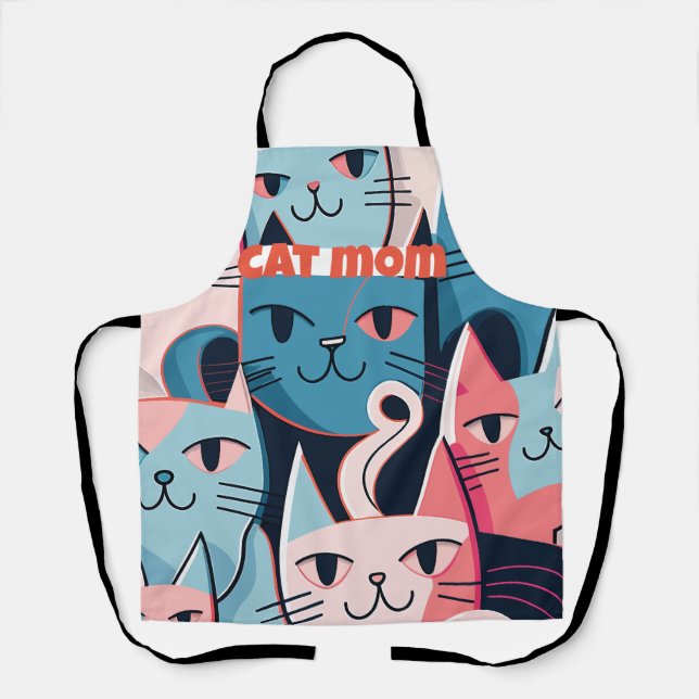 "Cat Mom" Abstract Vector Cats Blue Pink Apron (Front)
