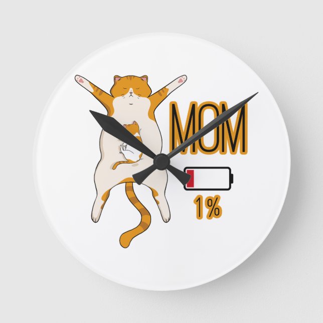 Cat Mom Battery Low Energy Round Clock (Front)