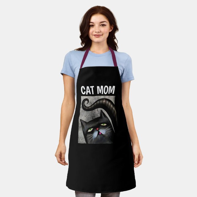 CAT MOM BLACK CAT ART KITCHEN APRON (Worn)